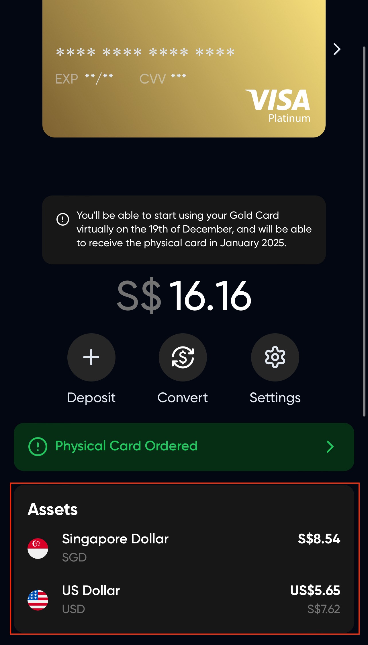 Viewing funds in assets tab